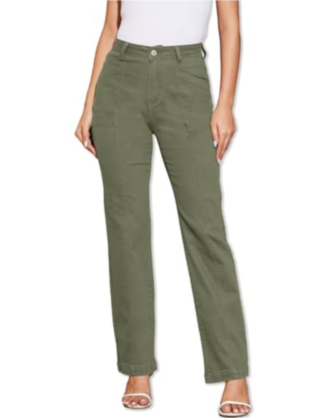 Rasutina Women's Stretchy Chino Cargo Pants High Waisted Straight Leg Trousers